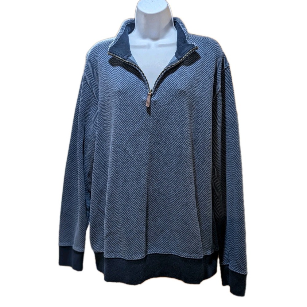 Lands' End Men's Sz L (42-44) Blue & Black Herringbone 1/4 Zip Collared Sweater